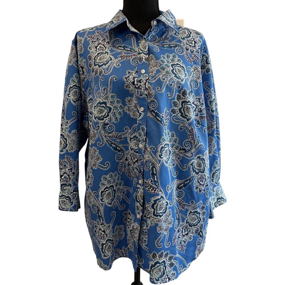 Chaps Blue No Iron Paisley Button Down Top 3/4 Sleeves Size 2X